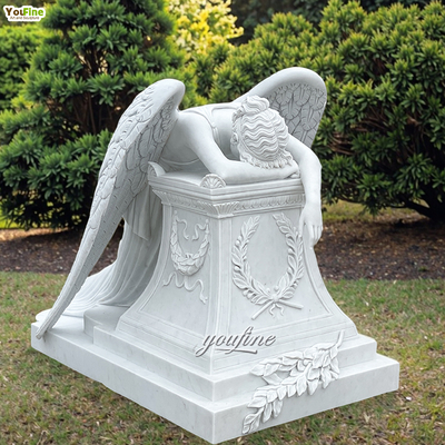 Outdoor Memorial Tombstone Life Size White Marble Weeping Angel Monument