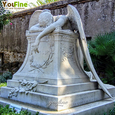 Outdoor Memorial Tombstone Life Size White Marble Weeping Angel Monument