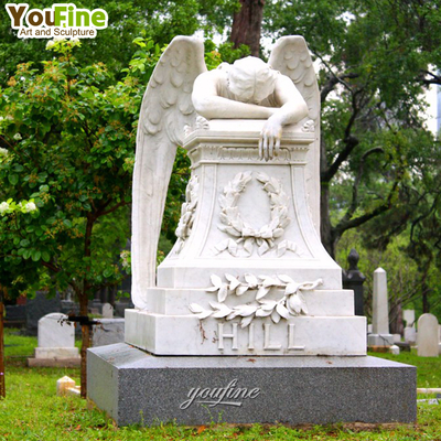Outdoor Memorial Tombstone Life Size White Marble Weeping Angel Monument