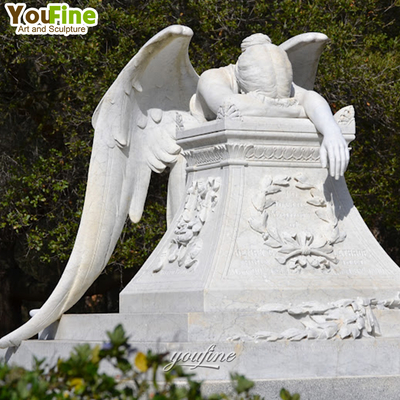 Outdoor Memorial Tombstone Life Size White Marble Weeping Angel Monument