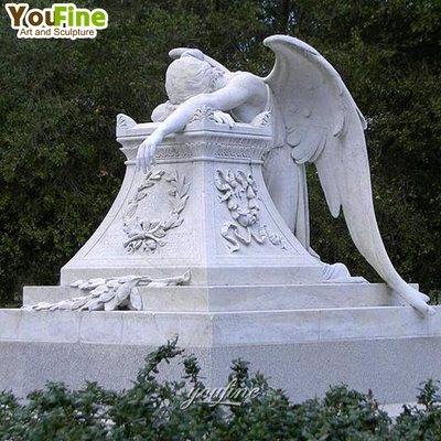 Outdoor Memorial Tombstone Life Size White Marble Weeping Angel Monument