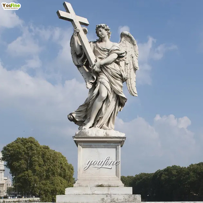 Natural White Marble Angel Statue with Cross Statue Tombstone for Sale