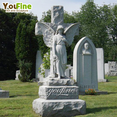Natural White Marble Angel Statue with Cross Statue Tombstone for Sale