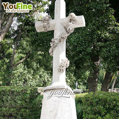 Natural White Marble Angel Statue with Cross Statue Tombstone for Sale