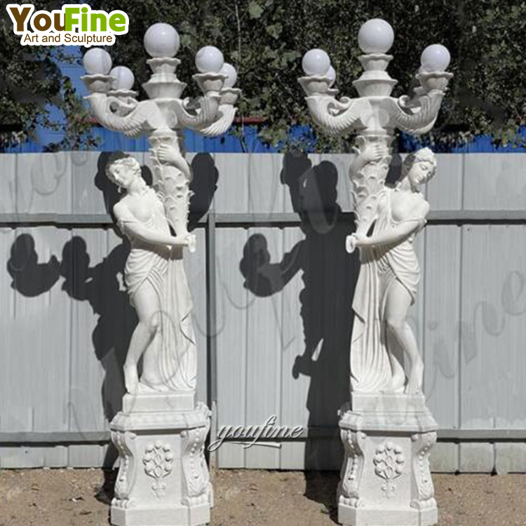 Hand Carved Life Size White Marble Statues With Light Woman Lamp Sculpture