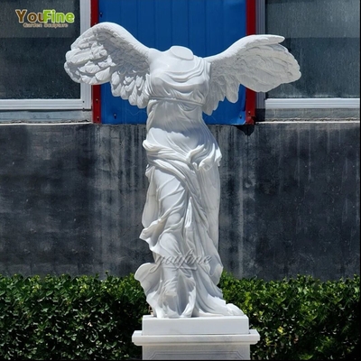 Natural Stone Hand Carved Large White Victory Wings Sculpture Marble Winged Angel Statue